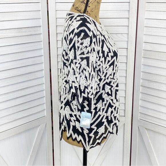 Miss Paillette Pearl Embellished Silk Pullover Blouse Black White Large - Picture 3 of 11